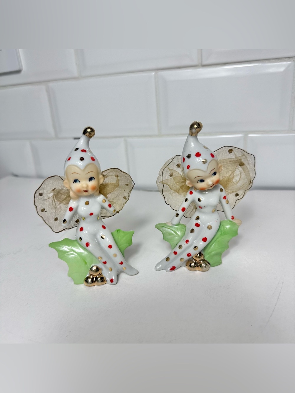 2 Ceramic Polka Dot Pixie Elf Fairy Fairies W/ Tulle Wings Stamped Japan 4.25“ T